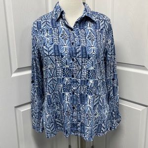Appleseed’s Blue White Cotton Long Sleeve Blouse Large